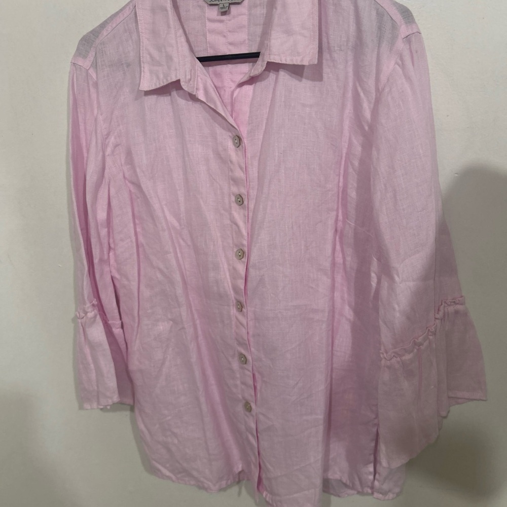 John Mark Blouse Women's L Pink 100% Linen Bell Sleeves Tunic Top coastal